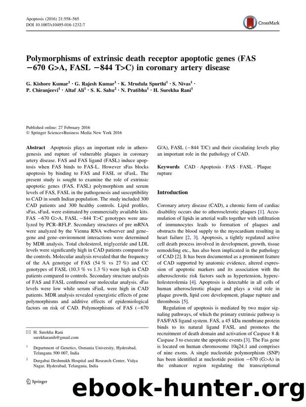 Polymorphisms of extrinsic death receptor apoptotic genes (FAS -670 G>A, FASL -844 T>C) in coronary artery disease by unknow