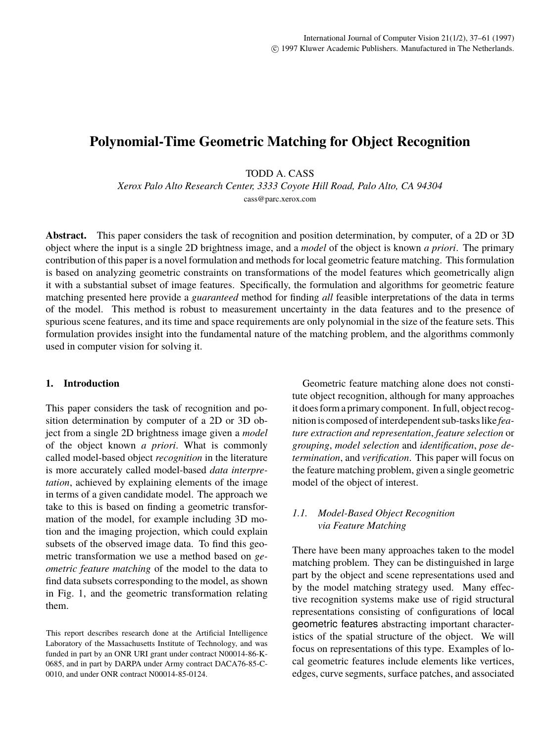 Polynomial-Time Geometric Matching for Object Recognition by Polynomial-Time Geometric Matching for Object Recognition