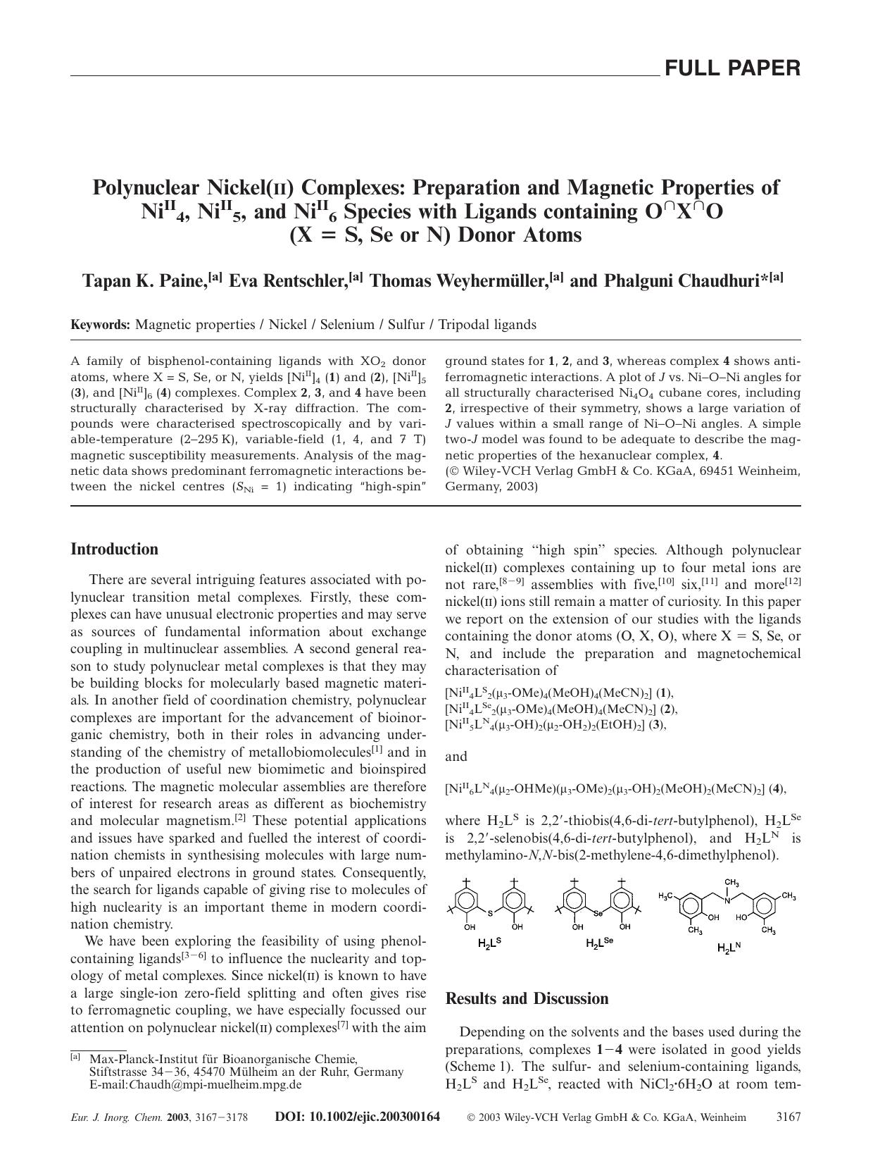Polynuclear Nickel(II) Complexes: Preparation and Magnetic Properties of NiII4, NiII5, and NiII6 Species with Ligands containing O[cap]X[cap]O (X = S, Se or N) Donor Atoms by Unknown