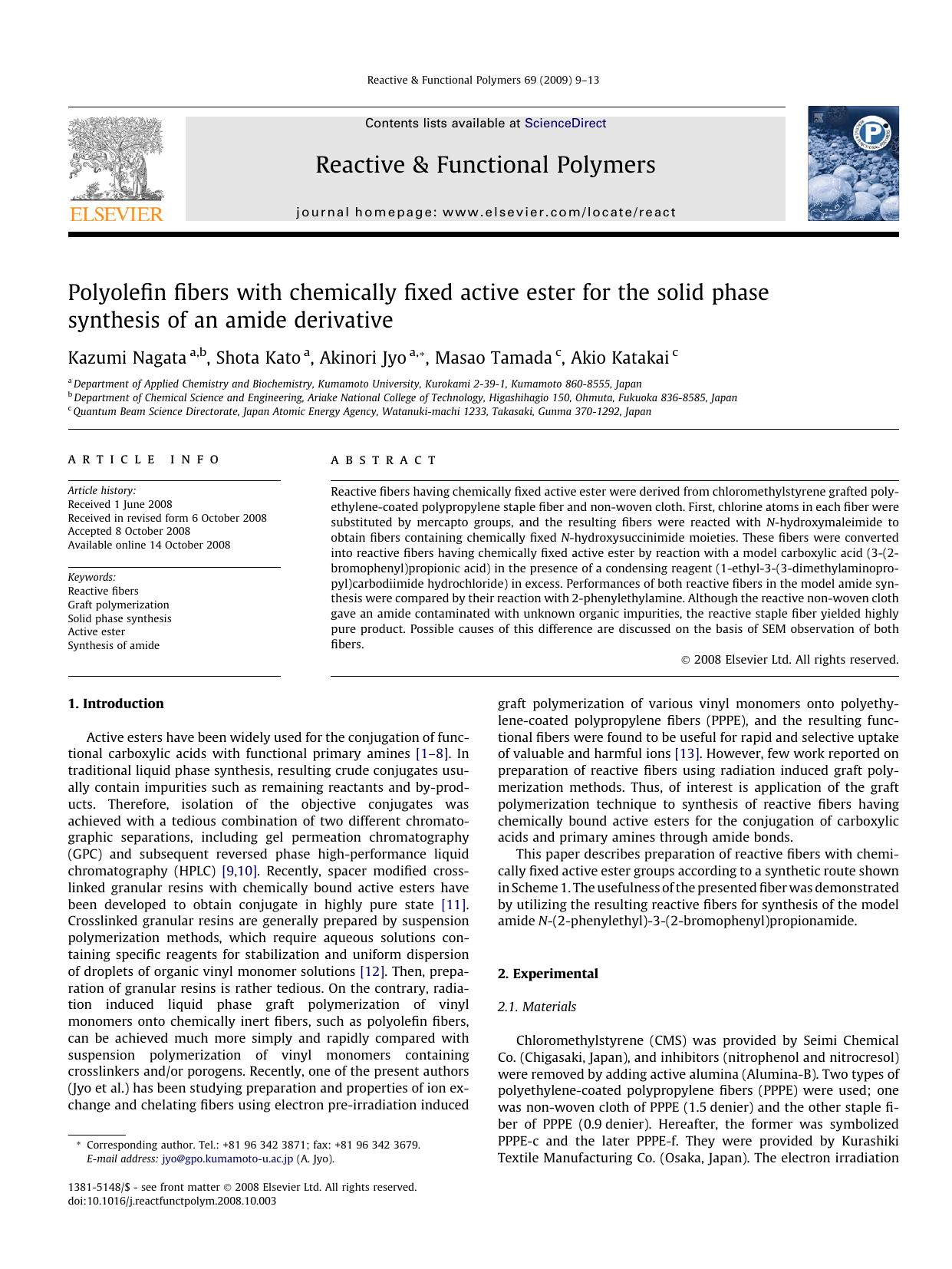 Polyolefin fibers with chemically fixed active ester for the solid phase synthesis of an amide derivative by Kazumi Nagata; Shota Kato; Akinori Jyo; Masao Tamada; Akio Katakai