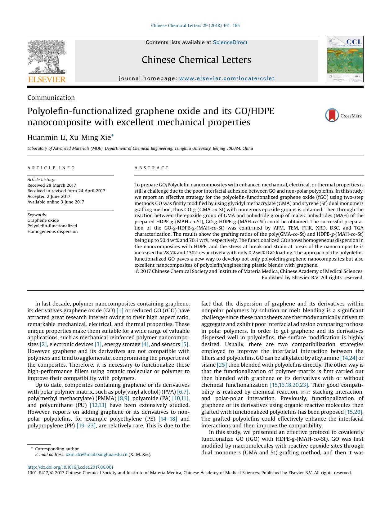 Polyolefin-functionalized graphene oxide and its GOHDPE nanocomposite with excellent mechanical properties by Huanmin Li & Xu-Ming Xie