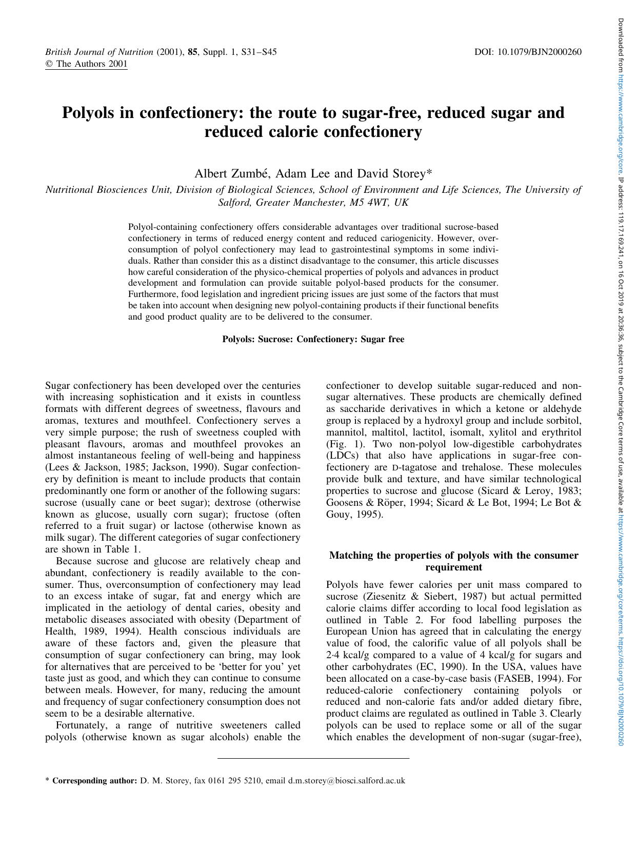 Polyols in confectionery: the route to sugar-free, reduced sugar and reduced calorie confectionery by Albert Zumbé Adam Lee David Storey