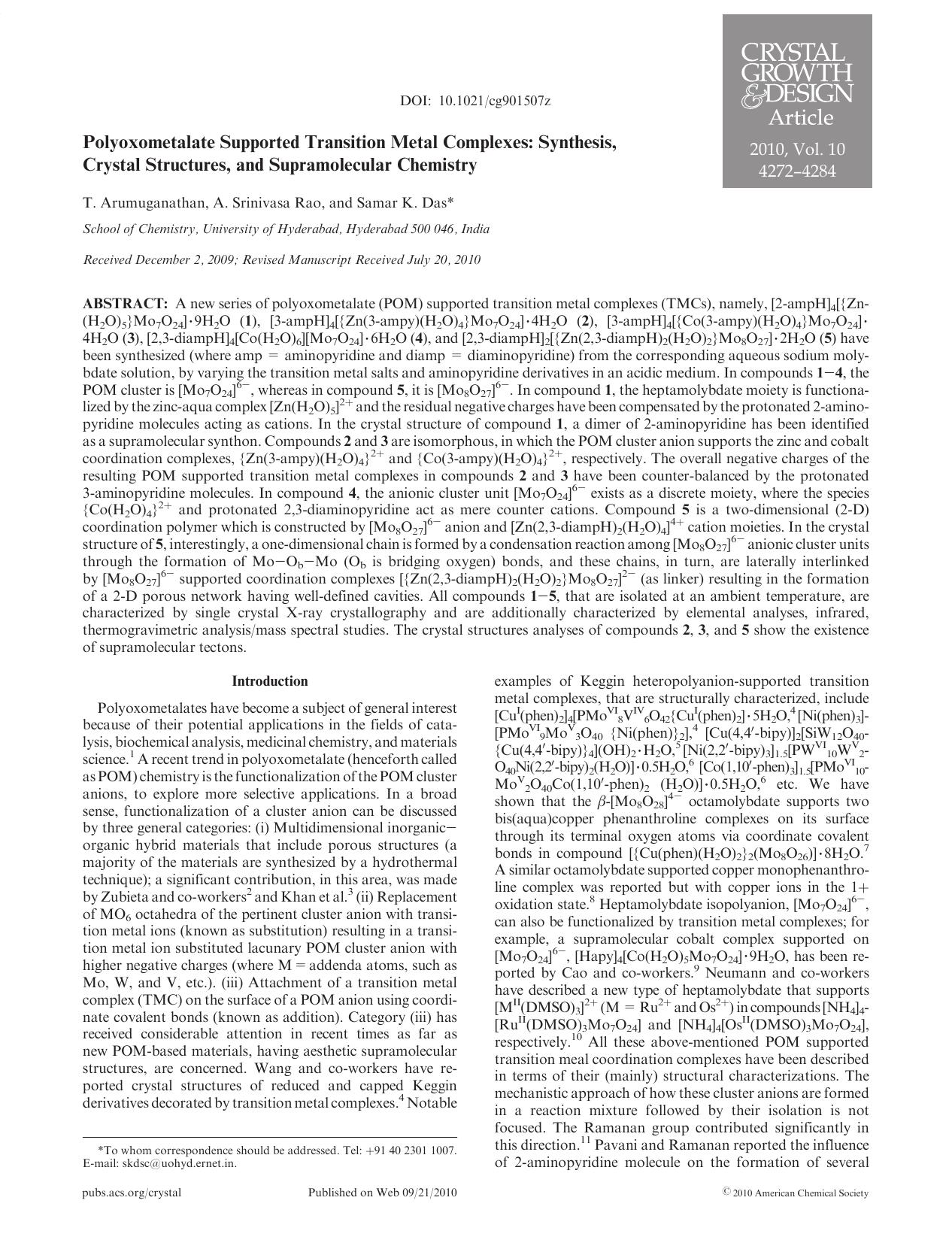 Polyoxometalate Supported Transition Metal Complexes: Synthesis, Crystal Structures, and Supramolecular Chemistry by Unknown