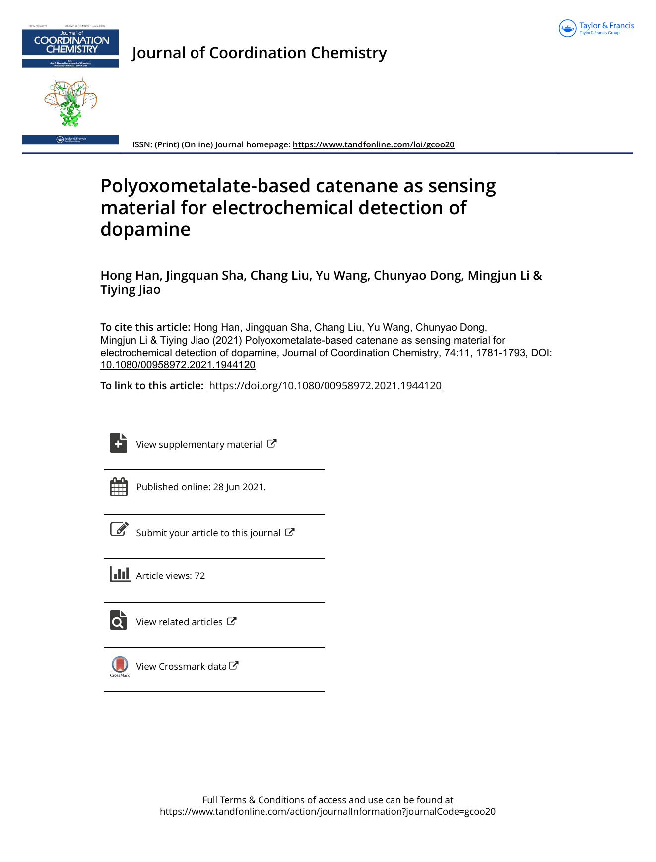 Polyoxometalate-based catenane as sensing material for electrochemical detection of dopamine by Han Hong & Sha Jingquan & Liu Chang & Wang Yu & Dong Chunyao & Li Mingjun & Jiao Tiying