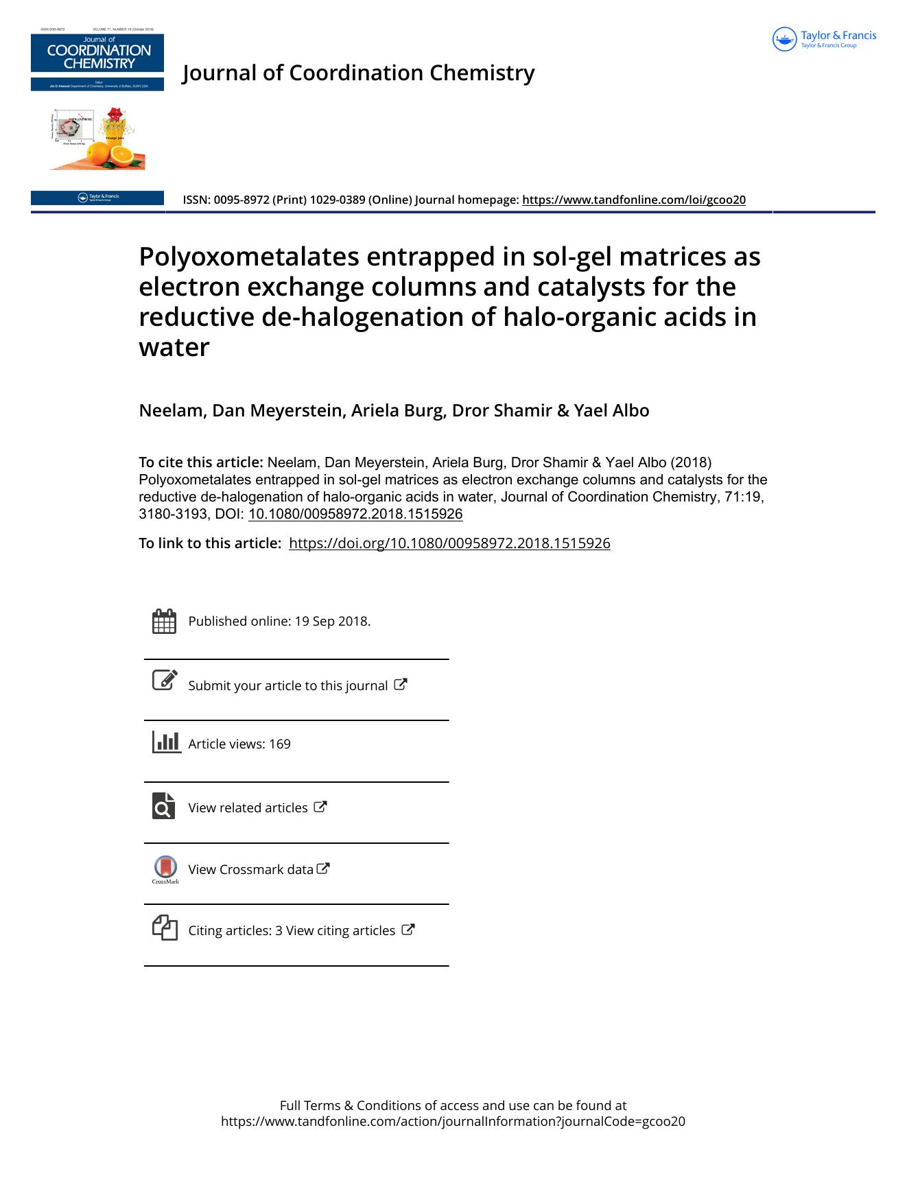 Polyoxometalates entrapped in sol-gel matrices as electron exchange columns and catalysts for the reductive de-halogenation of halo-organic acids in water by Meyerstein Dan & Burg Ariela & Shamir Dror & Albo Yael
