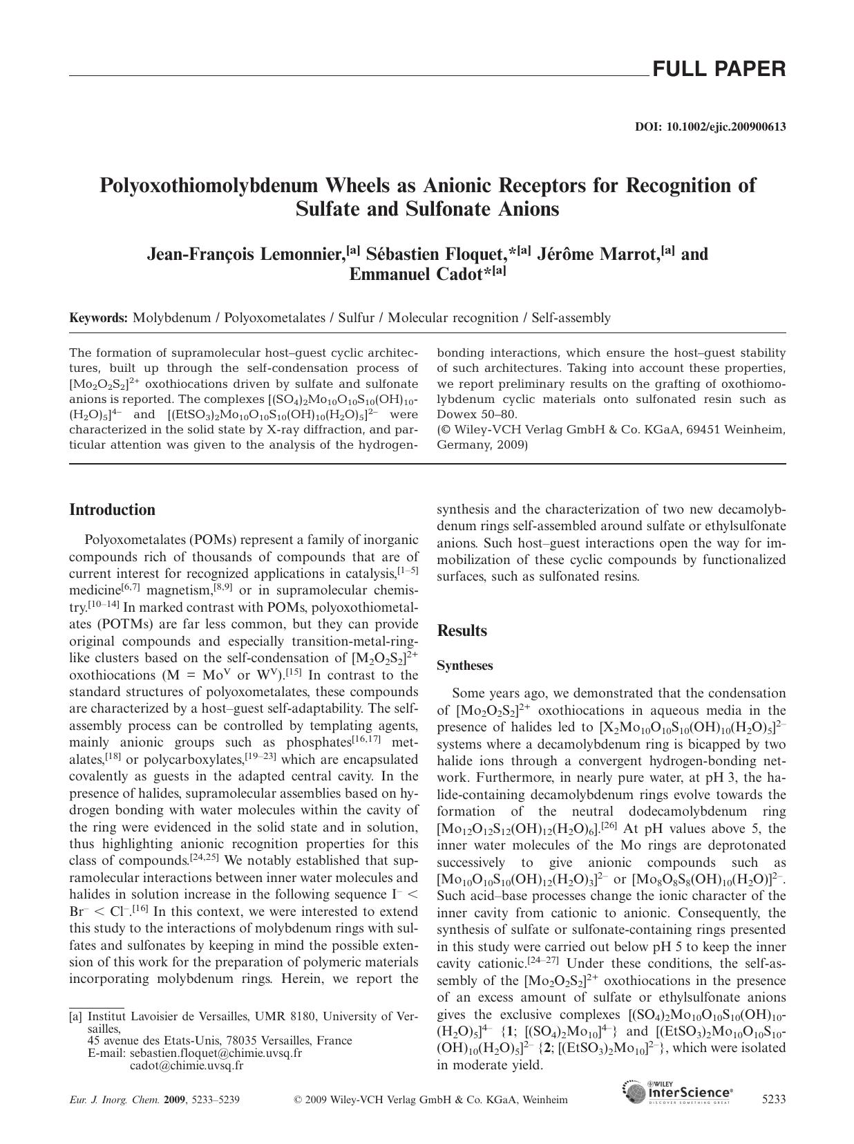 Polyoxothiomolybdenum Wheels as Anionic Receptors for Recognition of Sulfate and Sulfonate Anions by Unknown