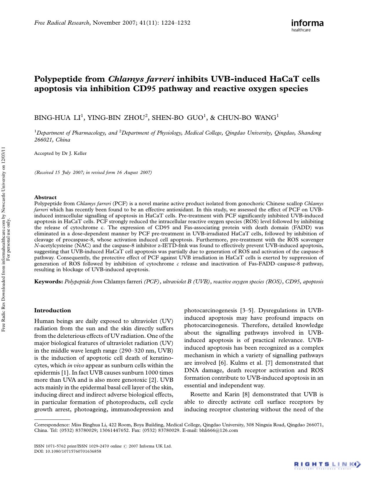 Polypeptide from Chlamys farreri inhibits UVB-induced HaCaT cells apoptosis via inhibition CD95 pathway and reactive oxygen species by Bing-Hua Li1† Ying-Bin Zhou2 Shen-Bo Guo1 & Chun-Bo Wang1