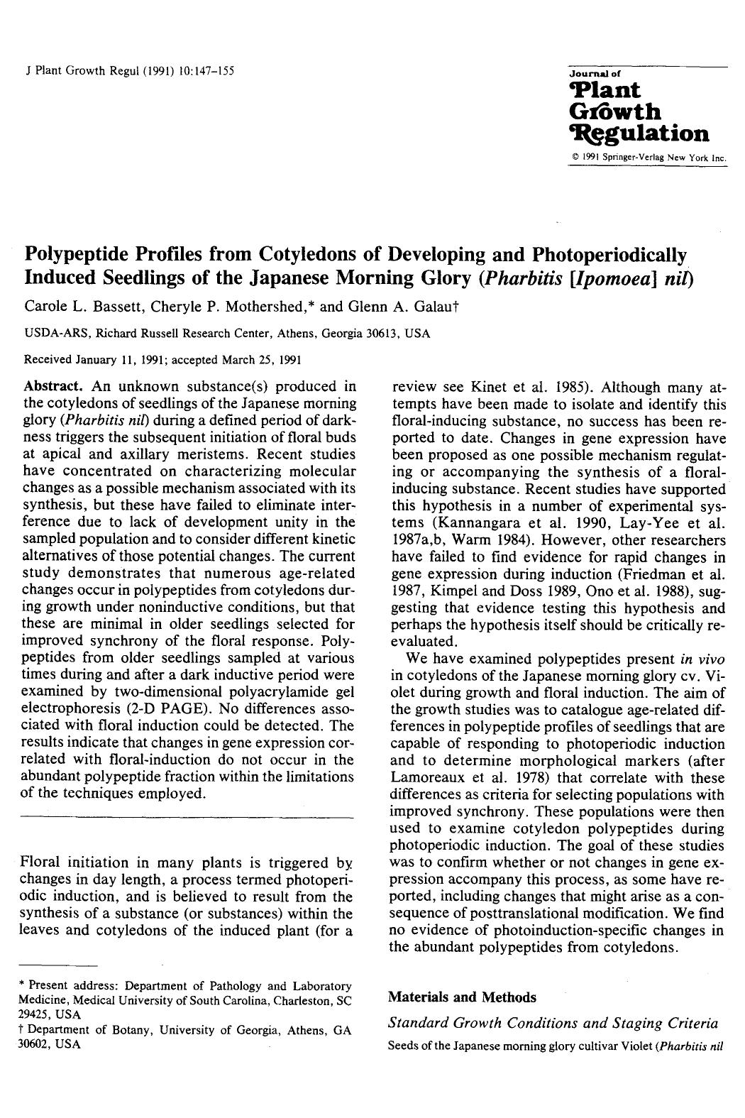 Polypeptide profiles from cotyledons of developing and photoperiodically induced seedlings of the Japanese morning glory ( <Emphasis Type="Italic">Pharbitis [ipomoea] nil <Emphasis>) by Unknown