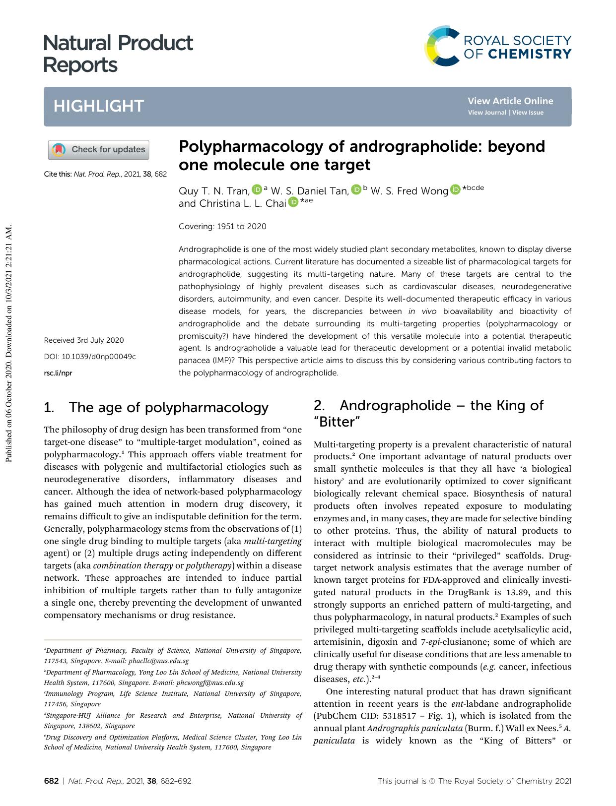 Polypharmacology of andrographolide: beyond one molecule one target by Quy T. N. Tran & W. S. Daniel Tan & W. S. Fred Wong & Christina L. L. Chai