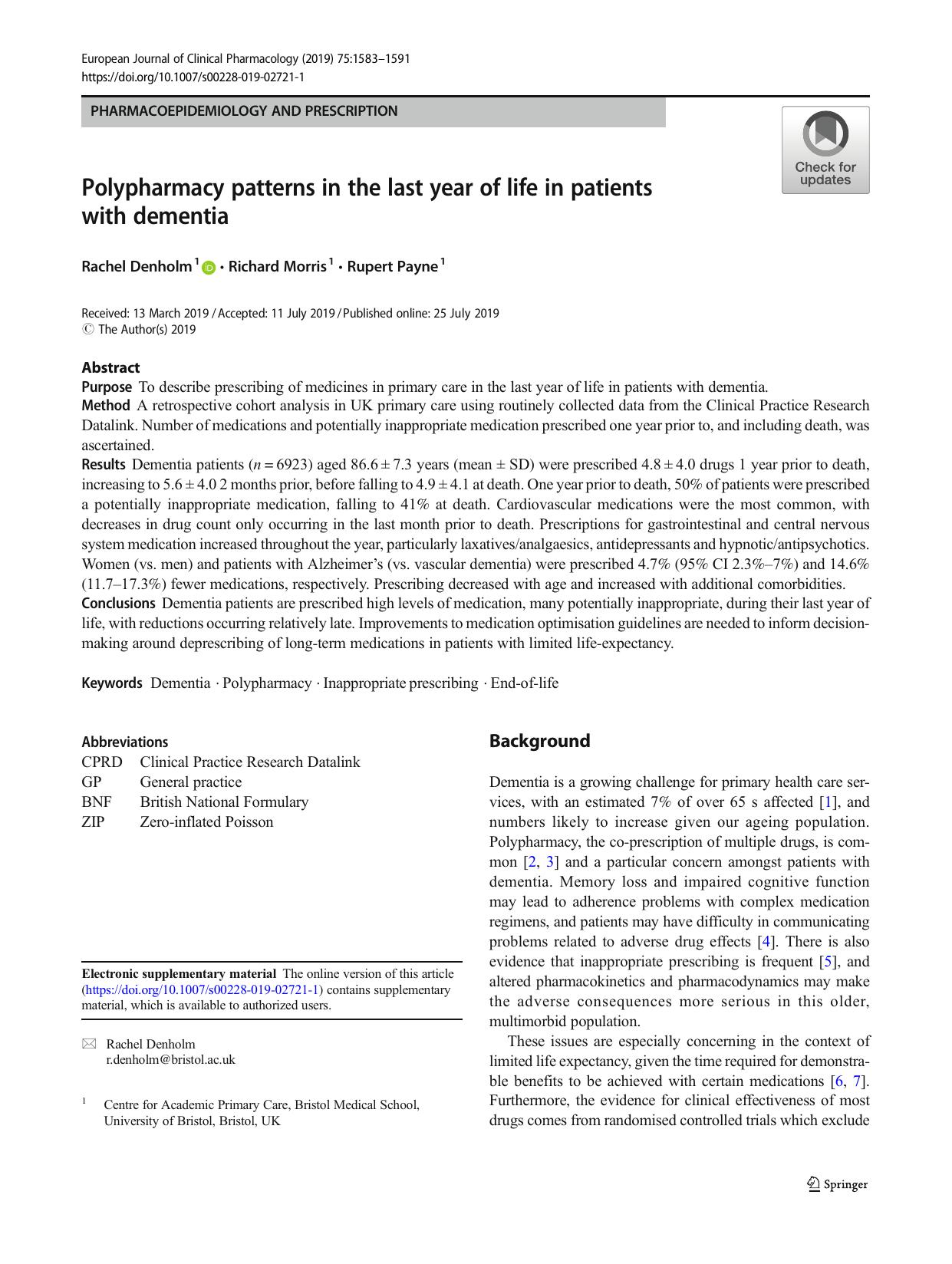 Polypharmacy patterns in the last year of life in patients with dementia by Rachel Denholm; Richard Morris; Rupert Payne