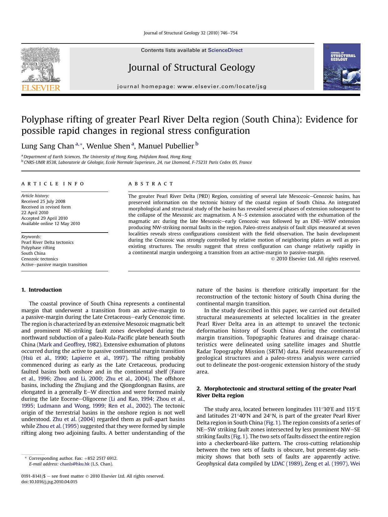 Polyphase rifting of greater Pearl River Delta region (South China): Evidence for possible rapid changes in regional stress configuration by Lung Sang Chan & Wenlue Shen & Manuel Pubellier