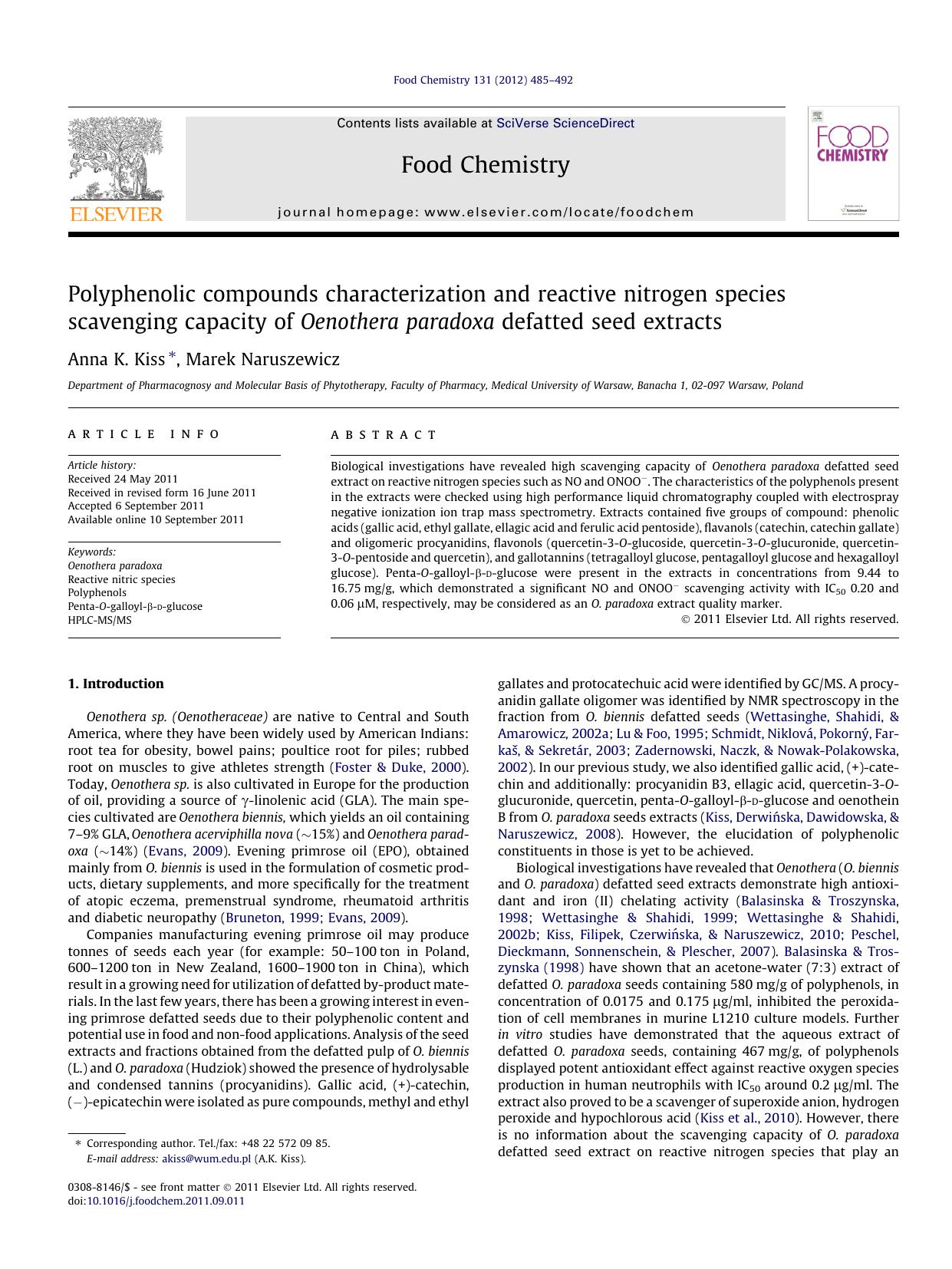 Polyphenolic compounds characterization and reactive nitrogen species scavenging capacity of Oenothera paradoxa defatted seed extracts by Anna K. Kiss & Marek Naruszewicz