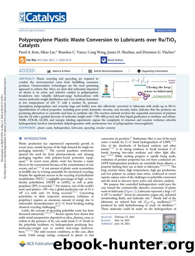 Polypropylene Plastic Waste Conversion to Lubricants over RuTiO2 Catalysts by Pavel A. Kots Sibao Liu Brandon C. Vance Cong Wang James D. Sheehan & Dionisios G. Vlachos