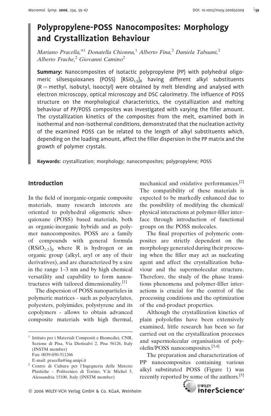 Polypropylene-POSS Nanocomposites: Morphology and Crystallization Behaviour by Unknown
