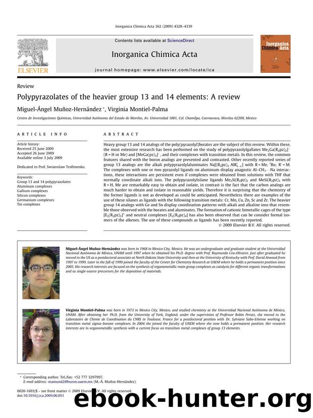 Polypyrazolates of the heavier group 13 and 14 elements: A review by Miguel-Ángel Muñoz-Hernández; Virginia Montiel-Palma