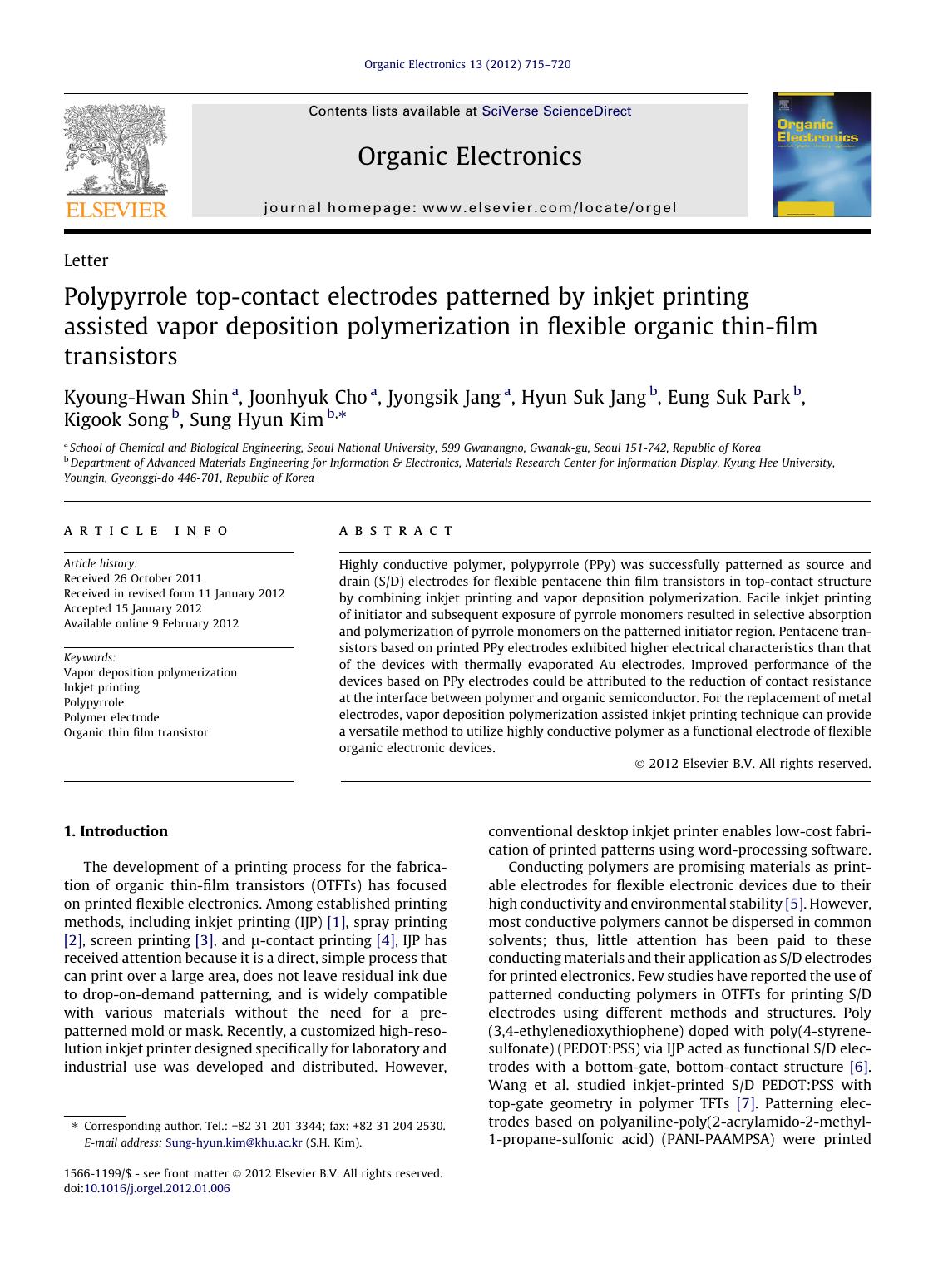 Polypyrrole top-contact electrodes patterned by inkjet printing assisted vapor deposition polymerization in flexible organic thin-film transistors by unknow
