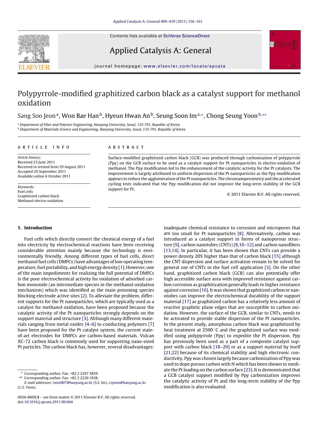 Polypyrrole-modified graphitized carbon black as a catalyst support for methanol oxidation by Sang Soo Jeon & Won Bae Han & Hyeun Hwan An & Seung Soon Im & Chong Seung Yoon