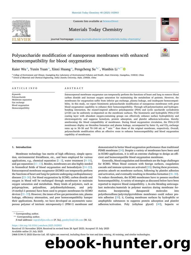 Polysaccharide modification of nanoporous membranes with enhanced hemocompatibility for blood oxygenation by Kaier Wu & Yuxin Yuan & Xinxi Huang & Pengcheng Su & Wanbin Li