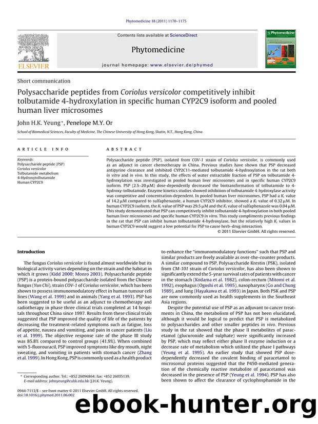 Polysaccharide peptides from Coriolus versicolor competitively inhibit tolbutamide 4-hydroxylation in specific human CYP2C9 isoform and pooled human liver microsomes by John H.K. Yeung