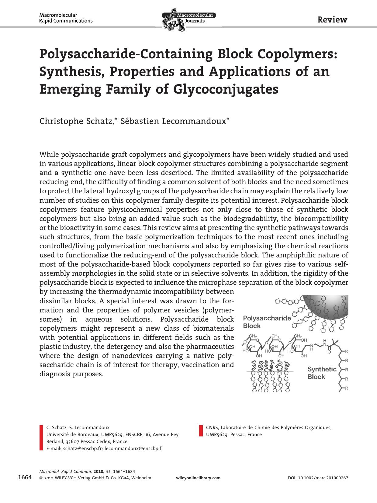 PolysaccharideContaining Block Copolymers: Synthesis, Properties and Applications of an Emerging Family of Glycoconjugates by Unknown