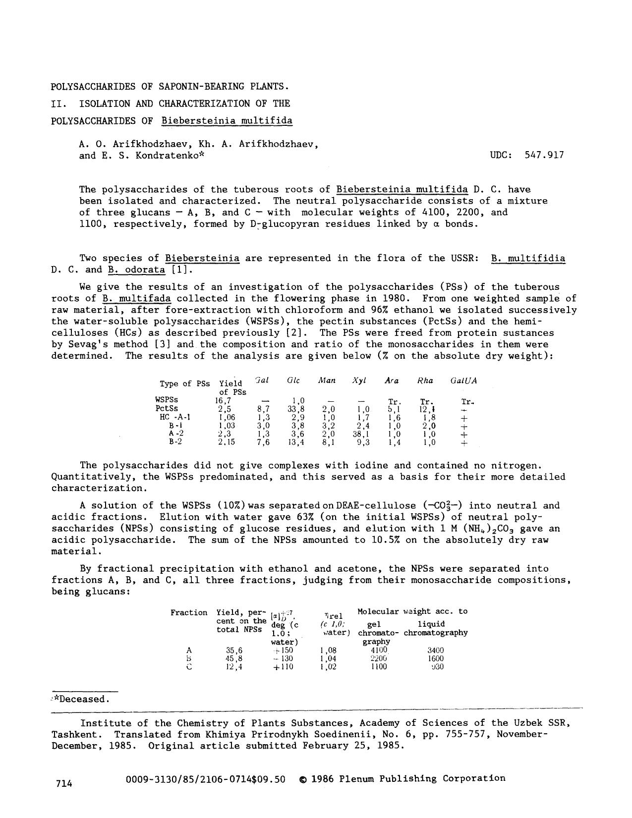 Polysaccharides of saponin-bearing plants. II. Isolation and characterization of the polysaccharides of <Emphasis Type="Underline">Biebersteinia multifida <Emphasis> by Unknown
