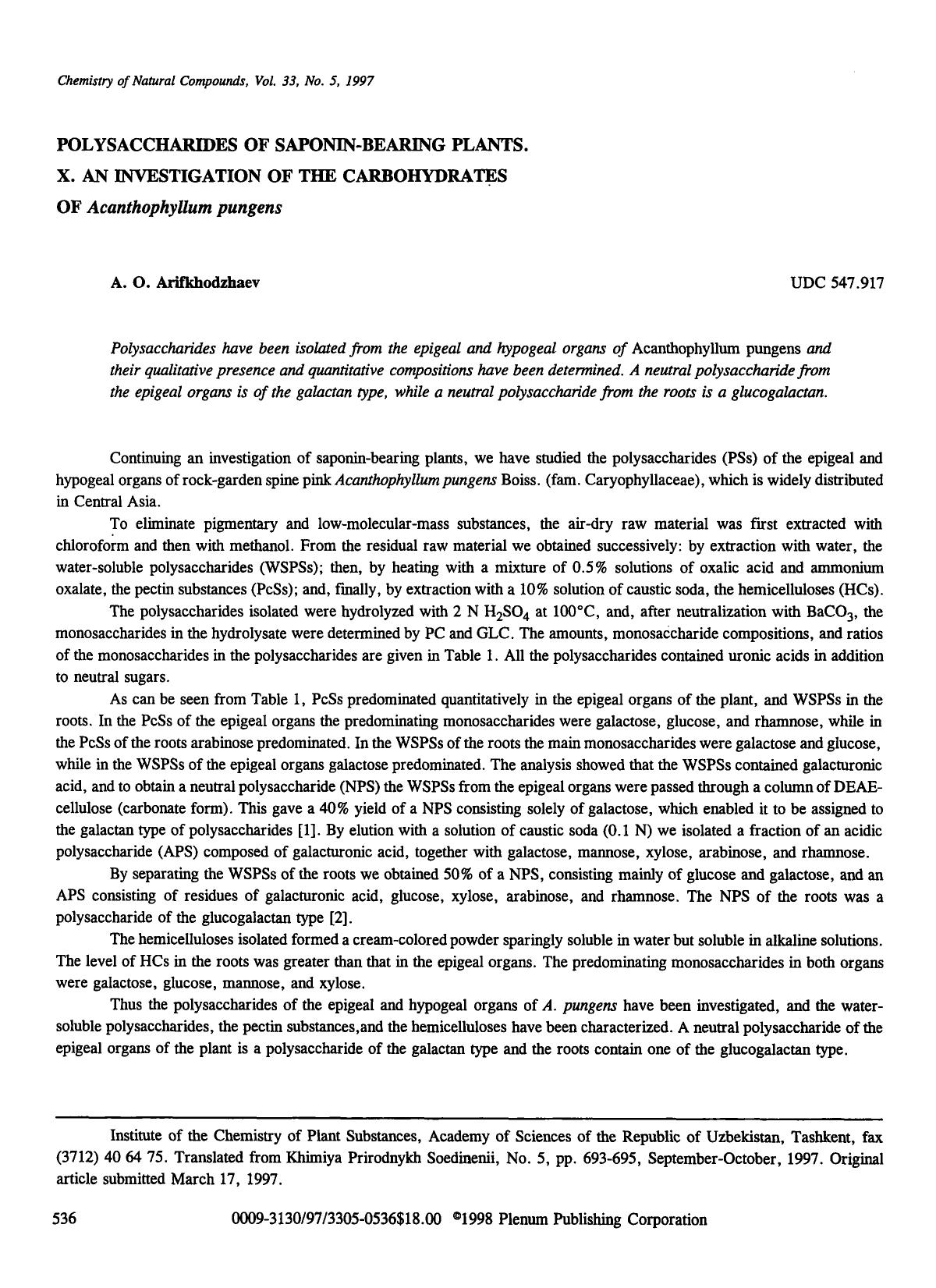 Polysaccharides of saponin-bearing plants. X. An investigation of the carbohydrates of <Emphasis Type="Italic">Acanthophyllum pungens <Emphasis> by Unknown
