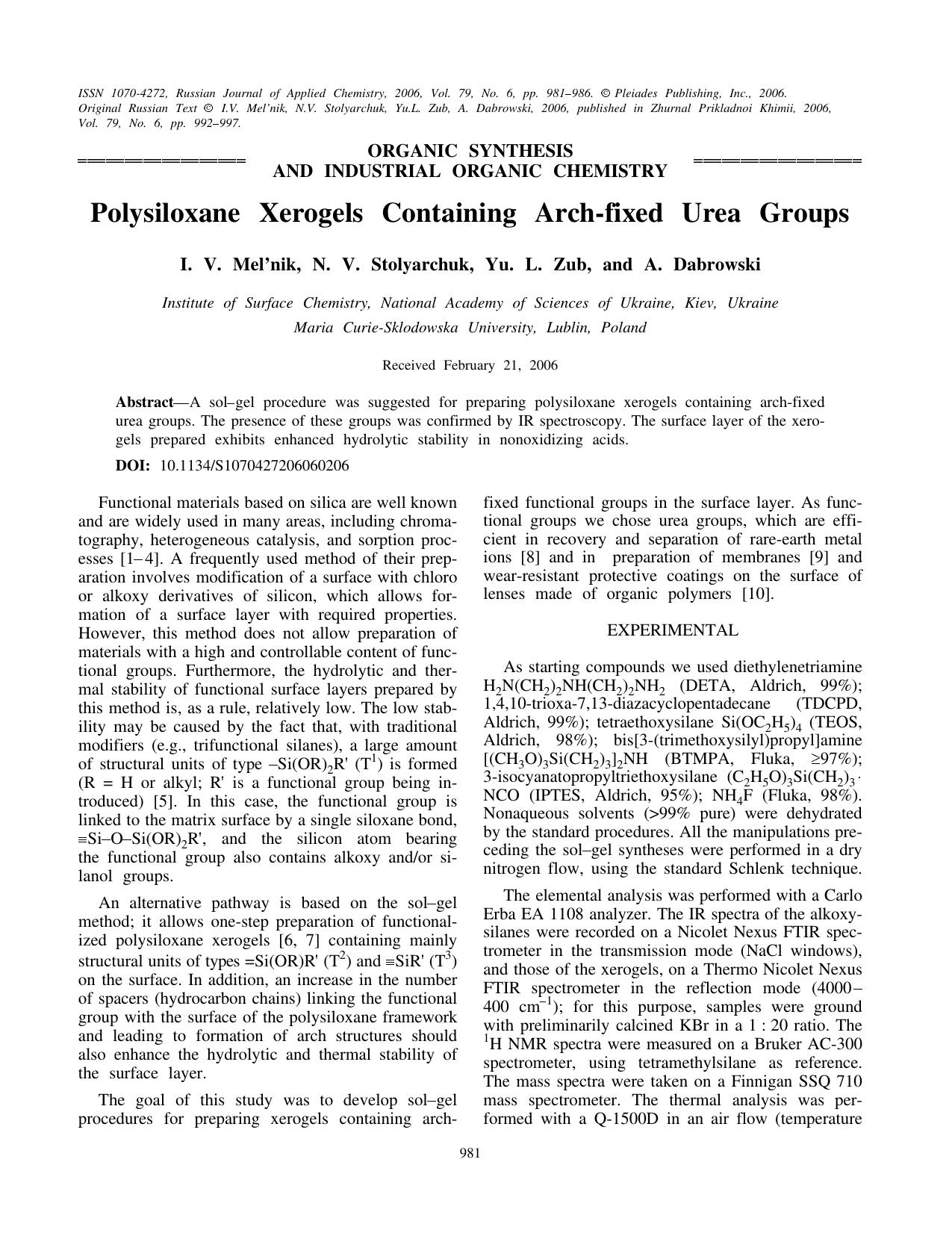 Polysiloxane xerogels containing arch-fixed urea groups by Unknown
