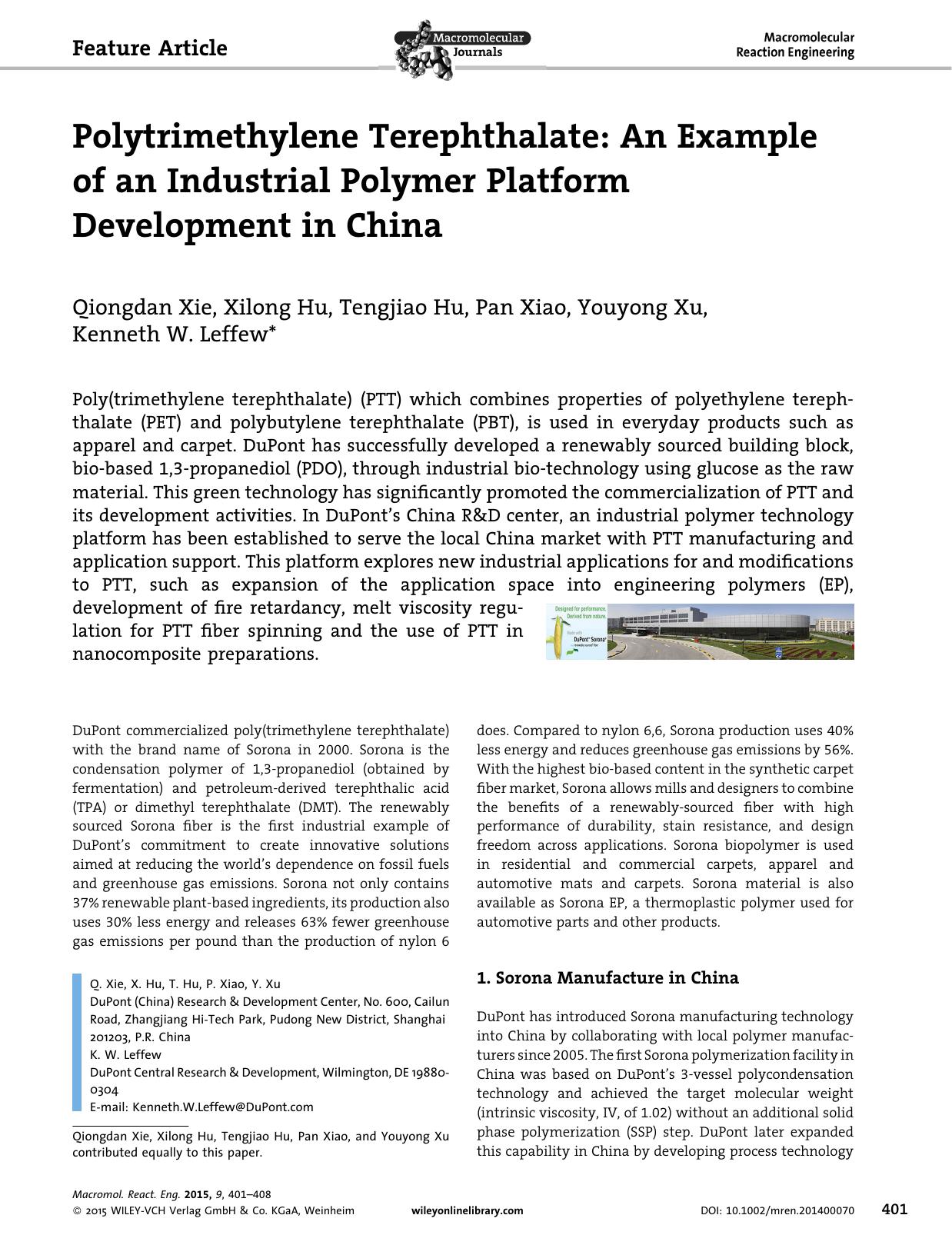 Polytrimethylene Terephthalate: An Example of an Industrial Polymer Platform Development in China by Unknown