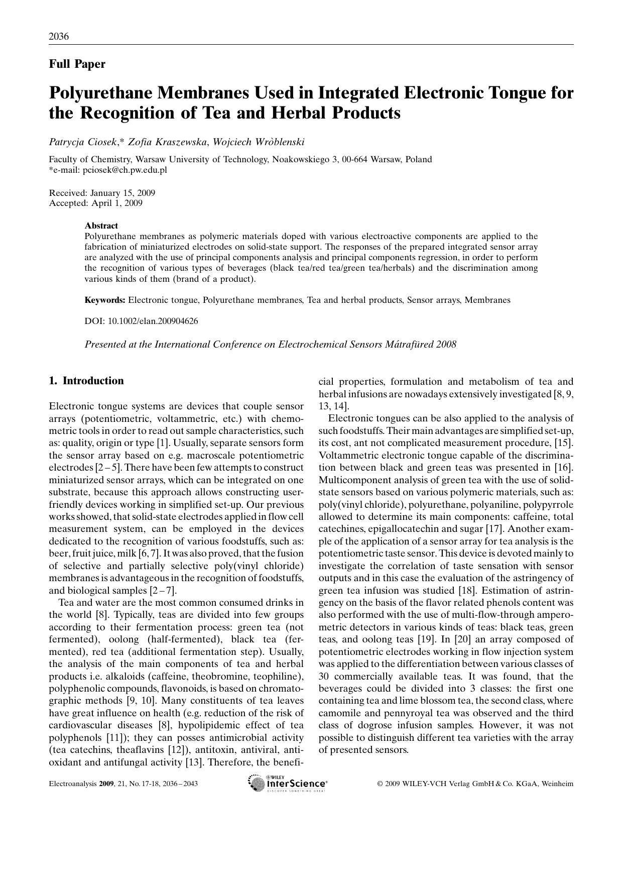 Polyurethane Membranes Used in Integrated Electronic Tongue for the Recognition of Tea and Herbal Products by Unknown