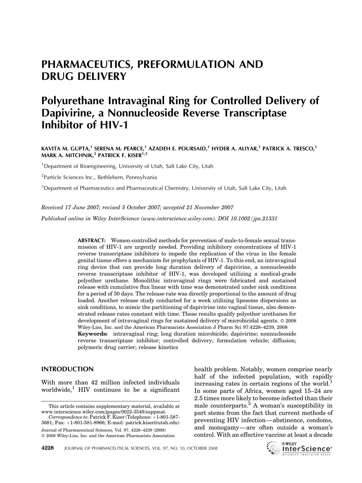 Polyurethane intravaginal ring for controlled delivery of dapivirine, a nonnucleoside reverse transcriptase inhibitor of HIV-1 by Unknown