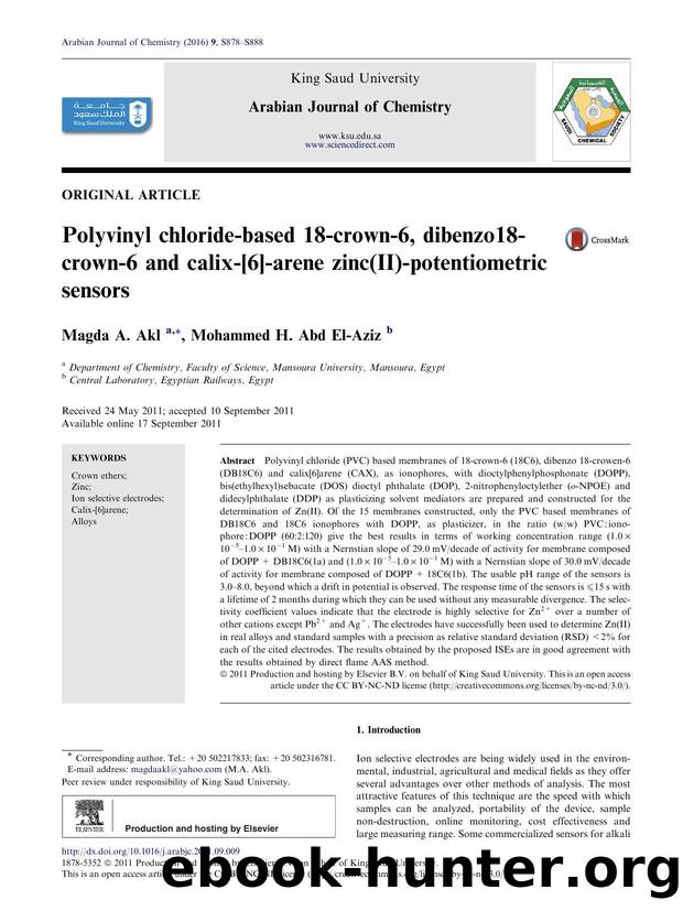 Polyvinyl chloride-based 18-crown-6, dibenzo18-crown-6 and calix-[6]-arene zinc(II)-potentiometric sensors by Magda A. Akl & Mohammed H. Abd El-Aziz