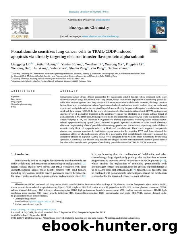 Pomalidomide sensitizes lung cancer cells to TRAILCDDP-induced apoptosis via directly targeting electron transfer flavoprotein alpha subunit by Liangping Li