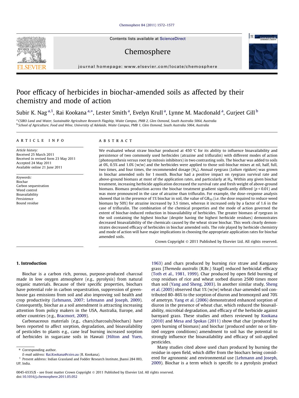 Poor efficacy of herbicides in biochar-amended soils as affected by their chemistry and mode of action by Subir K. Nag & Rai Kookana & Lester Smith & Evelyn Krull & Lynne M. Macdonald & Gurjeet Gill
