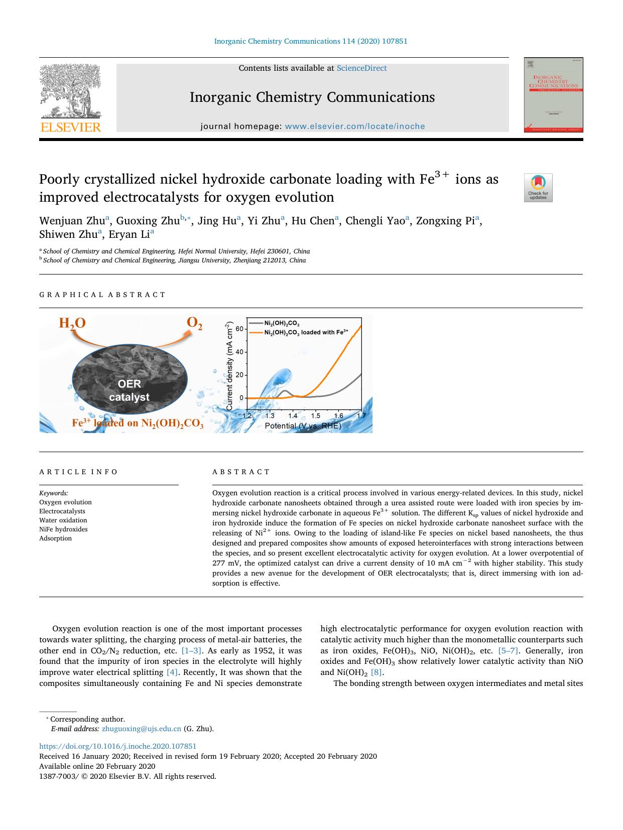 Poorly crystallized nickel hydroxide carbonate loading with Fe3+ ions as improved electrocatalysts for oxygen evolution by unknow