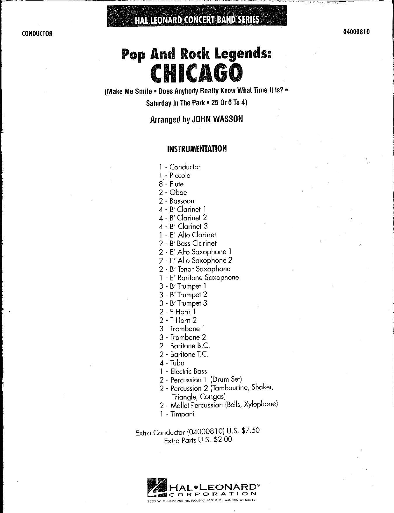 Pop and Rock Legends: Chicago by Wasson John (arr.)