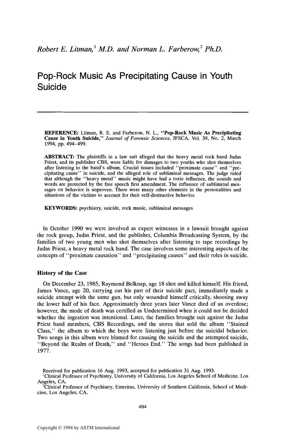 Pop-Rock Music As Precipitating Cause in Youth Suicide by Litman RE Farberow NL