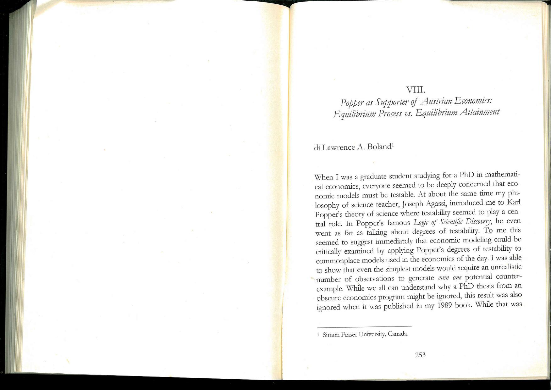 Popper as supporter of Austrian Economics (-Lawrence Boland's article in Karl Popper Oggi-) by lawrence a. Boland
