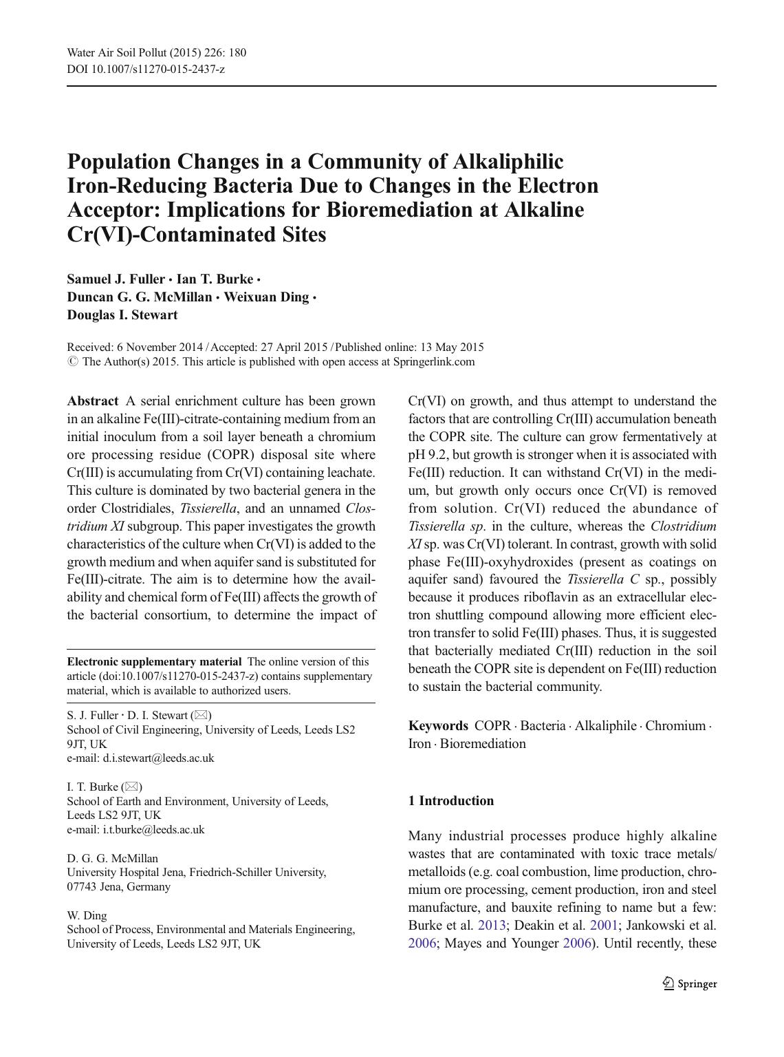 Population Changes in a Community of Alkaliphilic Iron-Reducing Bacteria Due to Changes in the Electron Acceptor: Implications for Bioremediation at Alkaline Cr(VI)-Contaminated Sites by Samuel J. Fuller & Ian T. Burke & Duncan G. G. McMillan & Weixuan Ding & Douglas I. Stewart