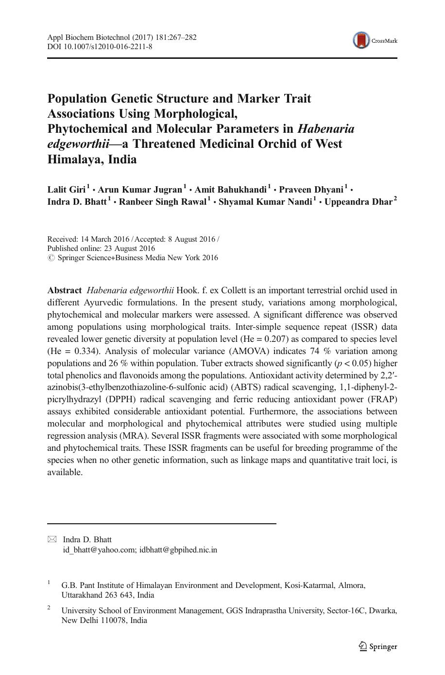 Population Genetic Structure and Marker Trait Associations Using Morphological, Phytochemical and Molecular Parameters in Habenaria edgeworthiiâa Threatened Medicinal Orchid of West Himalaya, India by unknow