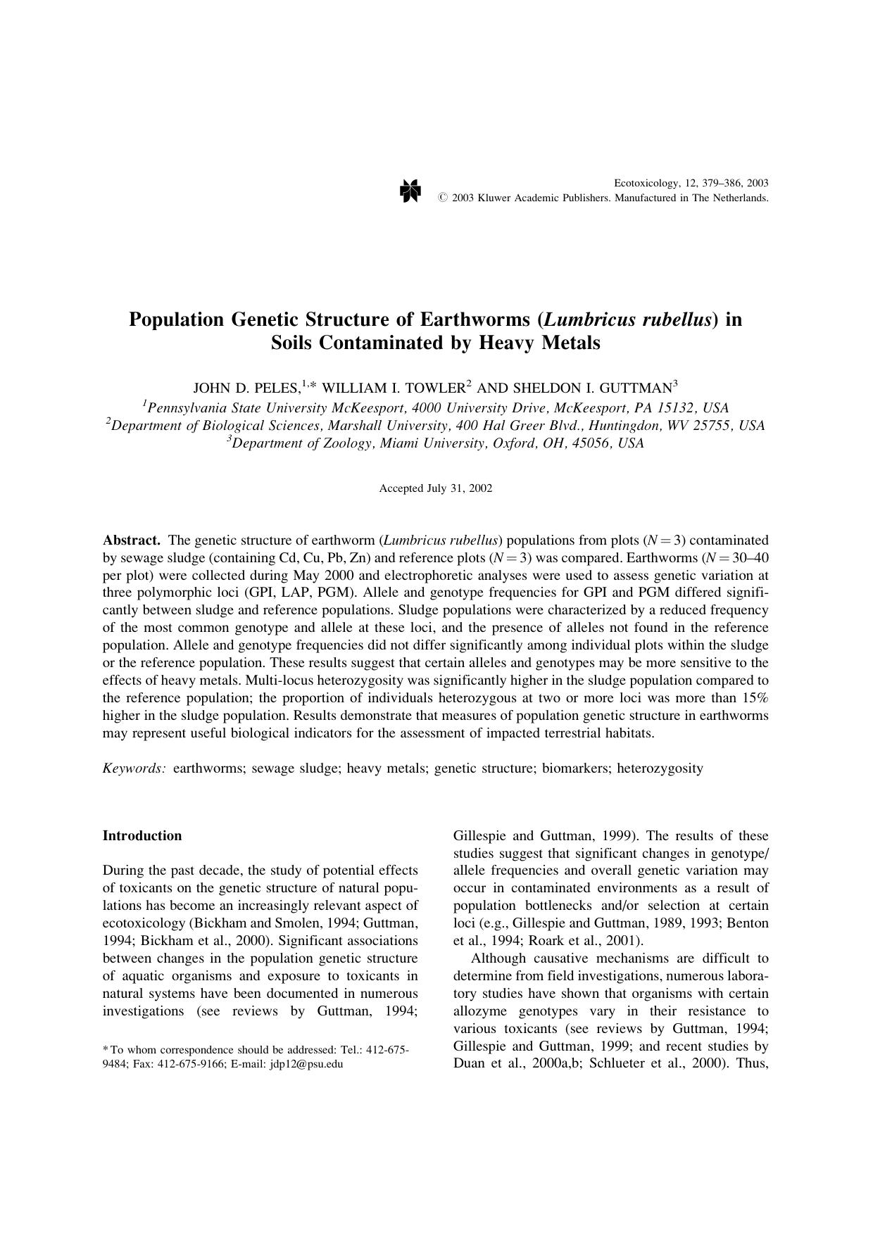 Population Genetic Structure of Earthworms (<Emphasis Type="Italic">Lumbricus rubellus<Emphasis>) in Soils Contaminated by Heavy Metals by Unknown