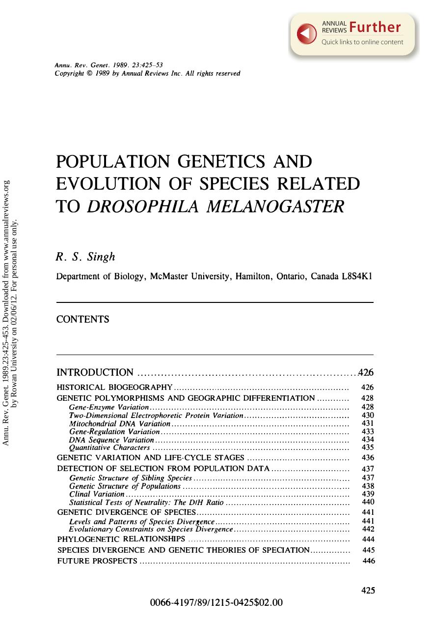 Population Genetics and Evolution of Species Related to Drosophila Melanogaster by R S Singh