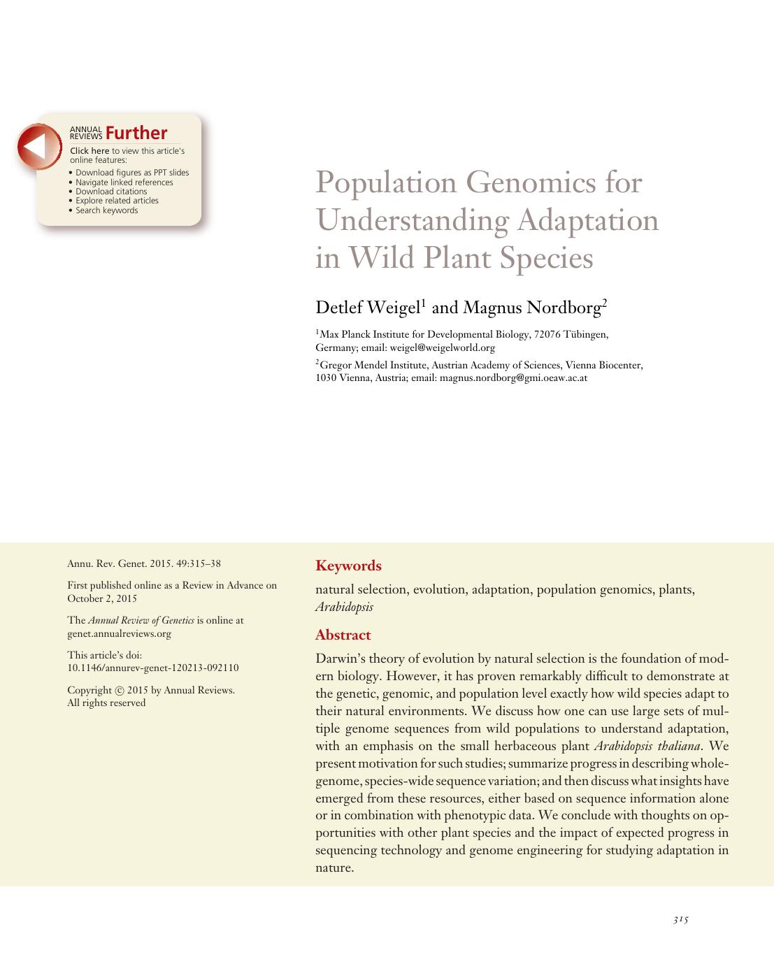 Population Genomics for Understanding Adaptation in Wild Plant Species by Detlef Weigel and Magnus Nordborg