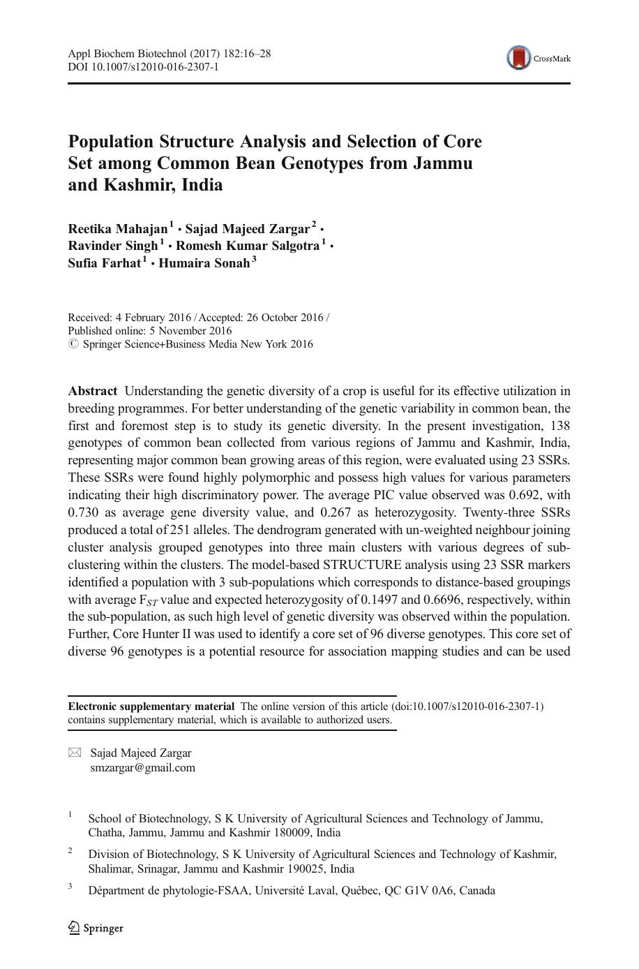 Population Structure Analysis and Selection of Core Set among Common Bean Genotypes from Jammu and Kashmir, India by unknow