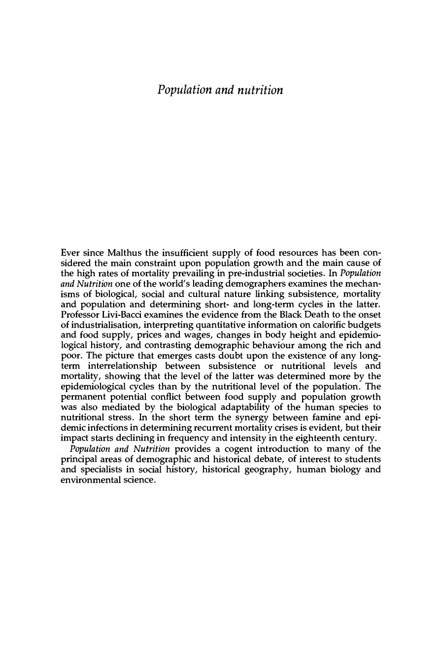 Population and Nutrition: An Essay on European Demographic History by Massimo Livi-Bacci