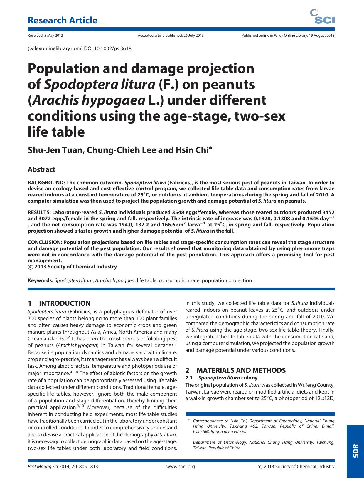 Population and damage projection of Spodopteralitura (F.) on peanuts (Arachishypogaea L.) under different conditions using the agestage, twosex life table by Unknown