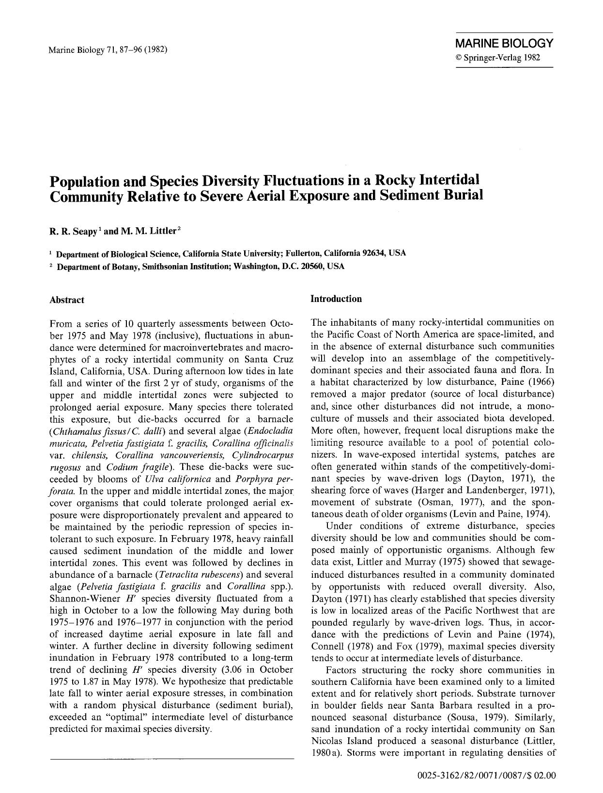 Population and species diversity fluctuations in a rocky intertidal community relative to severe aerial exposure and sediment burial by Unknown