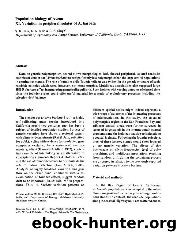 Population biology of Avena XI. Variation in peripheral isolates of A. barbata by Unknown