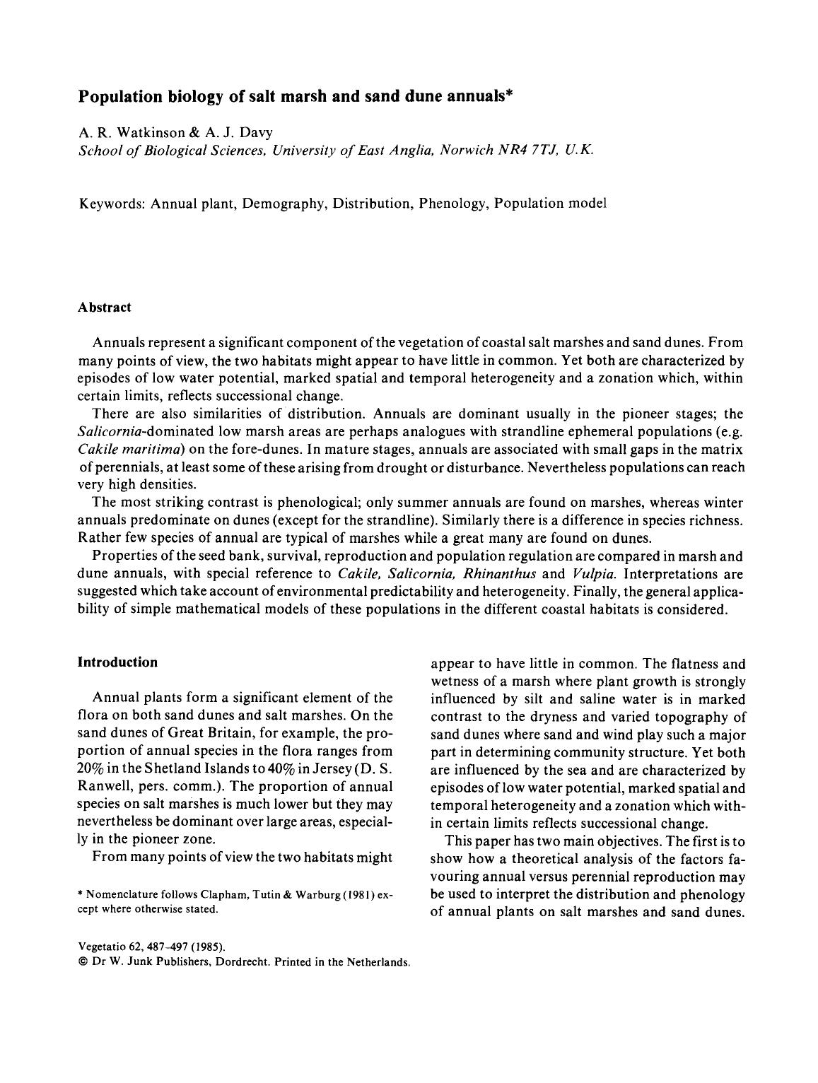 Population biology of salt marsh and sand dune annuals by Unknown