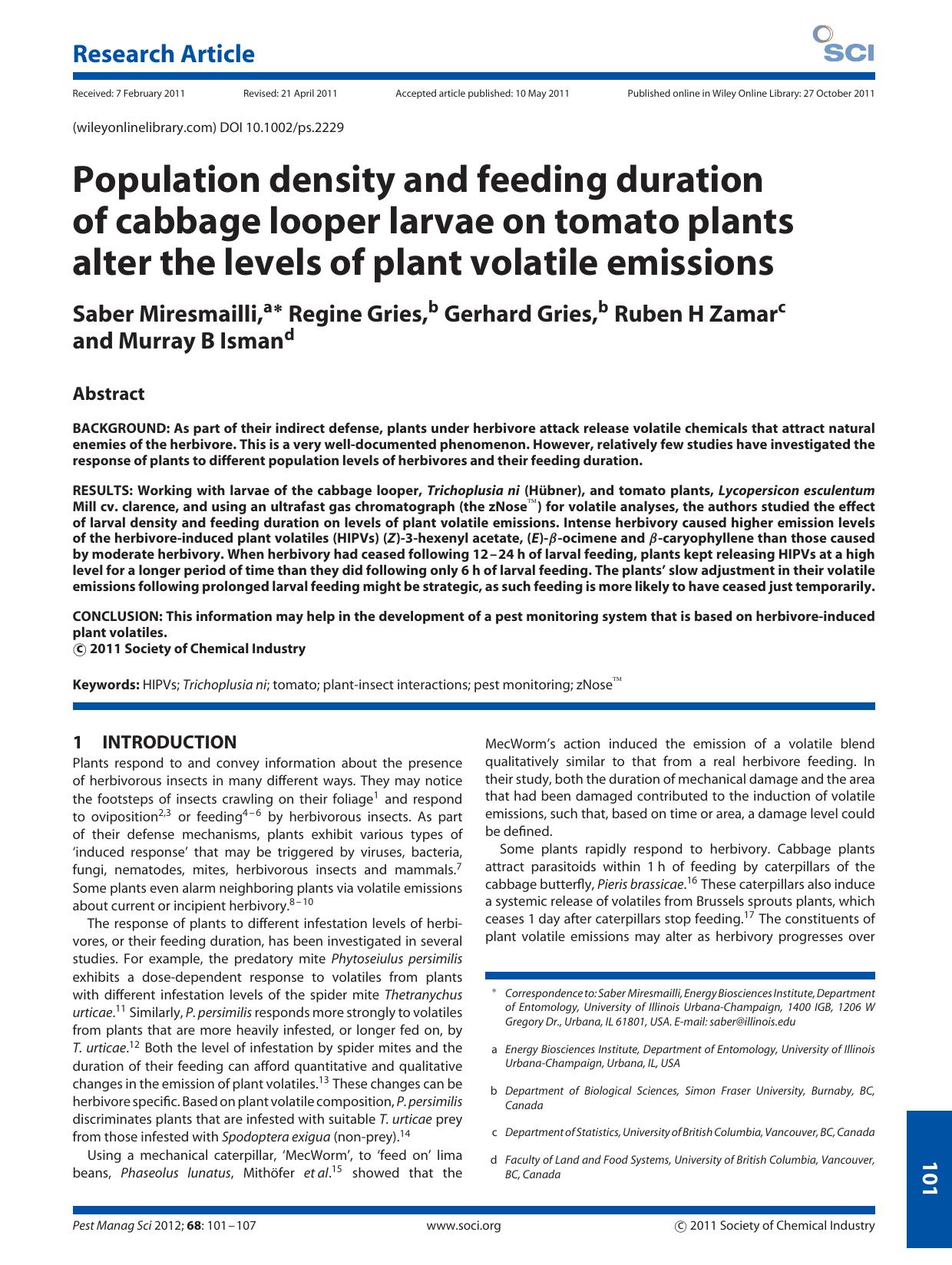 Population density and feeding duration of cabbage looper larvae on tomato plants alter the levels of plant volatile emissions by Unknown
