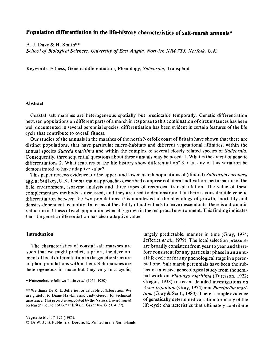Population differentiation in the life-history characteristics of salt-marsh annuals by Unknown
